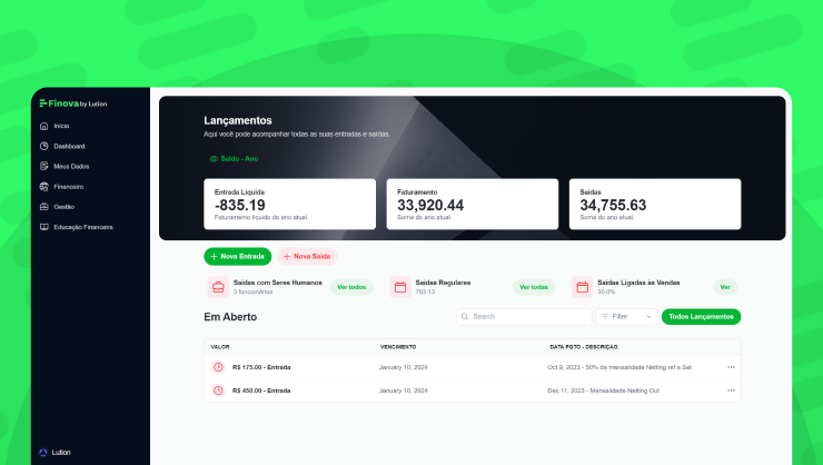 Imagem mostrando uma das telas do sistema da Finova